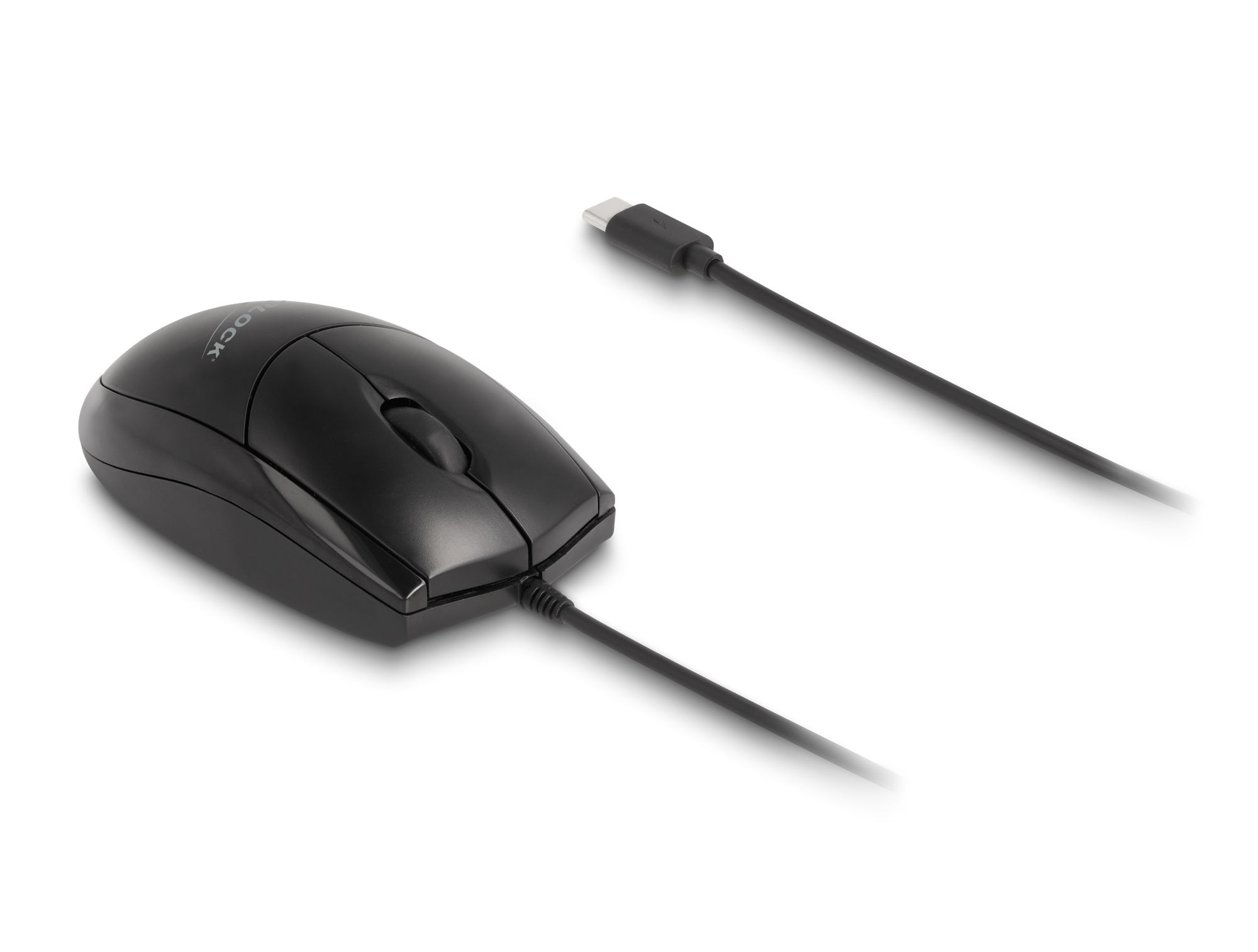 Ratón de ordenador negro con cable USB-C. El ratón tiene una rueda de desplazamiento y dos botones. El fondo es blanco.