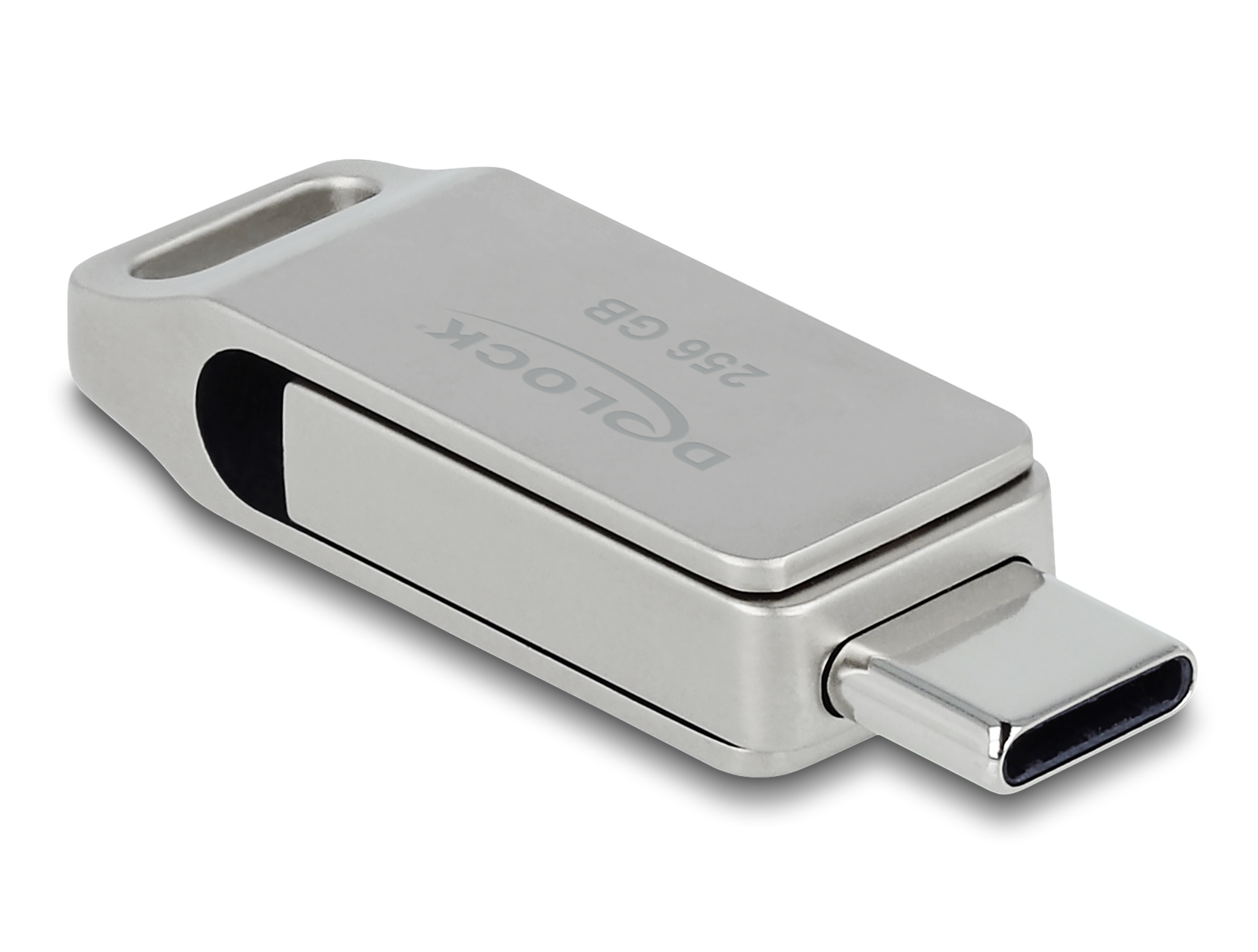 Srebrny pendrive USB-C D-Link 256 GB na białym tle. Ma pętlę na smycz i jest lekko pochylony.