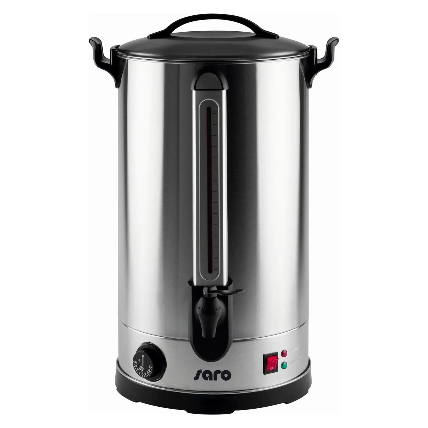 Une cafetière Saro en acier inoxydable avec couvercle, poignées et base noirs. Elle possède une jauge de niveau d'eau et un robinet. Voyants rouges et verts.