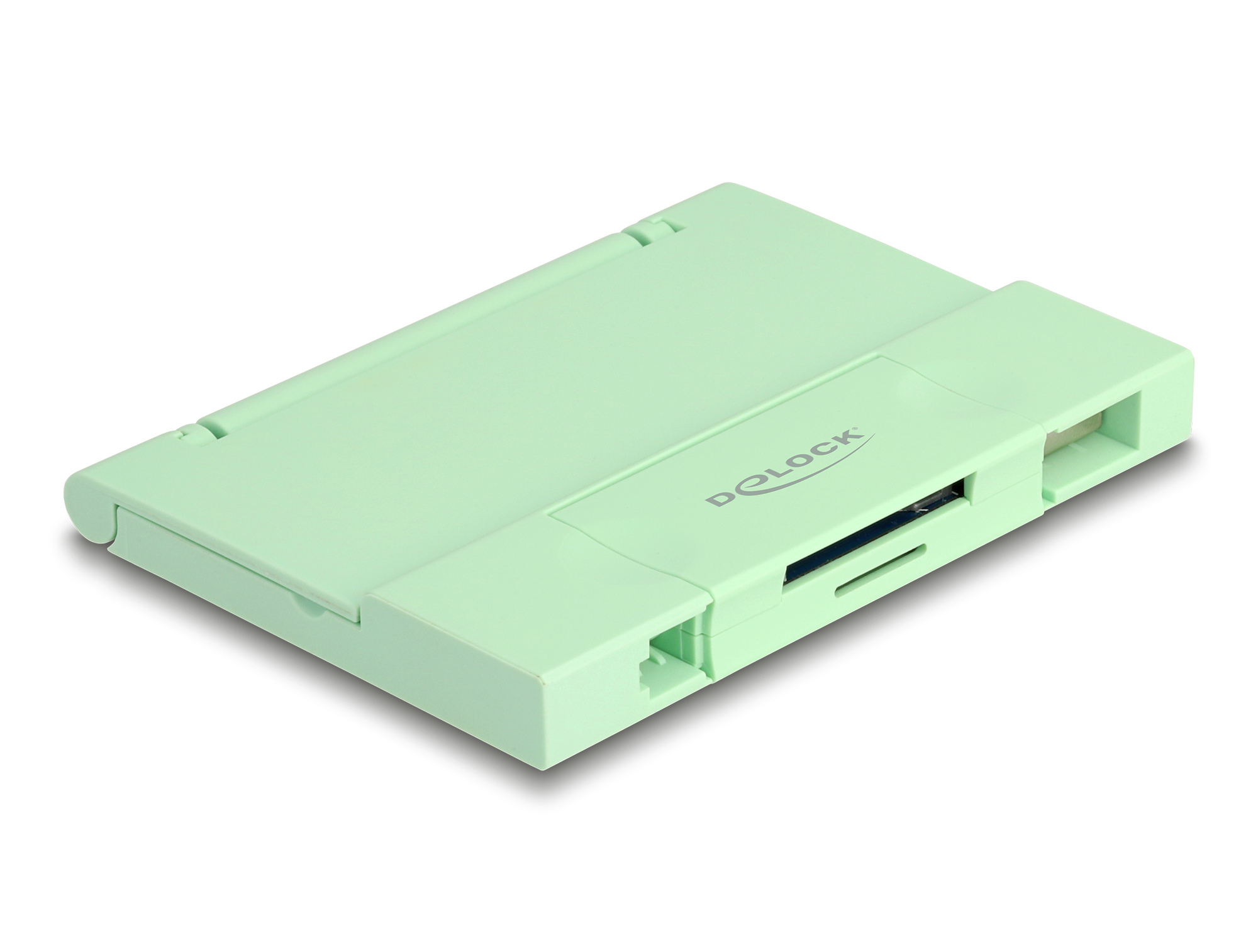 Jasnozielone urządzenie Do-dock na białej powierzchni. Ma szczeliny i nazwę marki. Jest pod kątem.