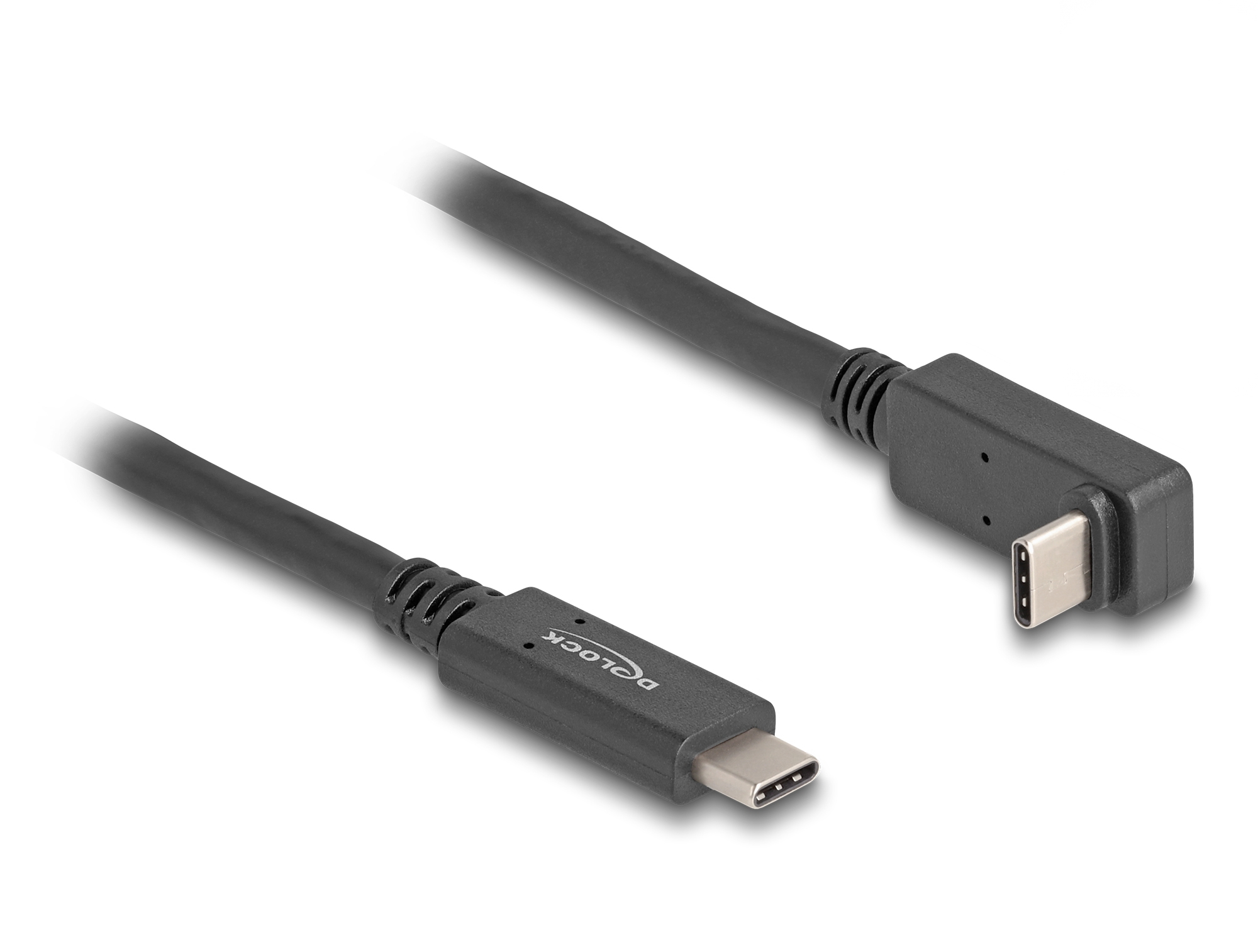 Ein schwarzes USB-C-Kabel mit zwei Steckern, einem geraden und einem abgewinkelten. Das Kabel liegt auf weißem Grund.