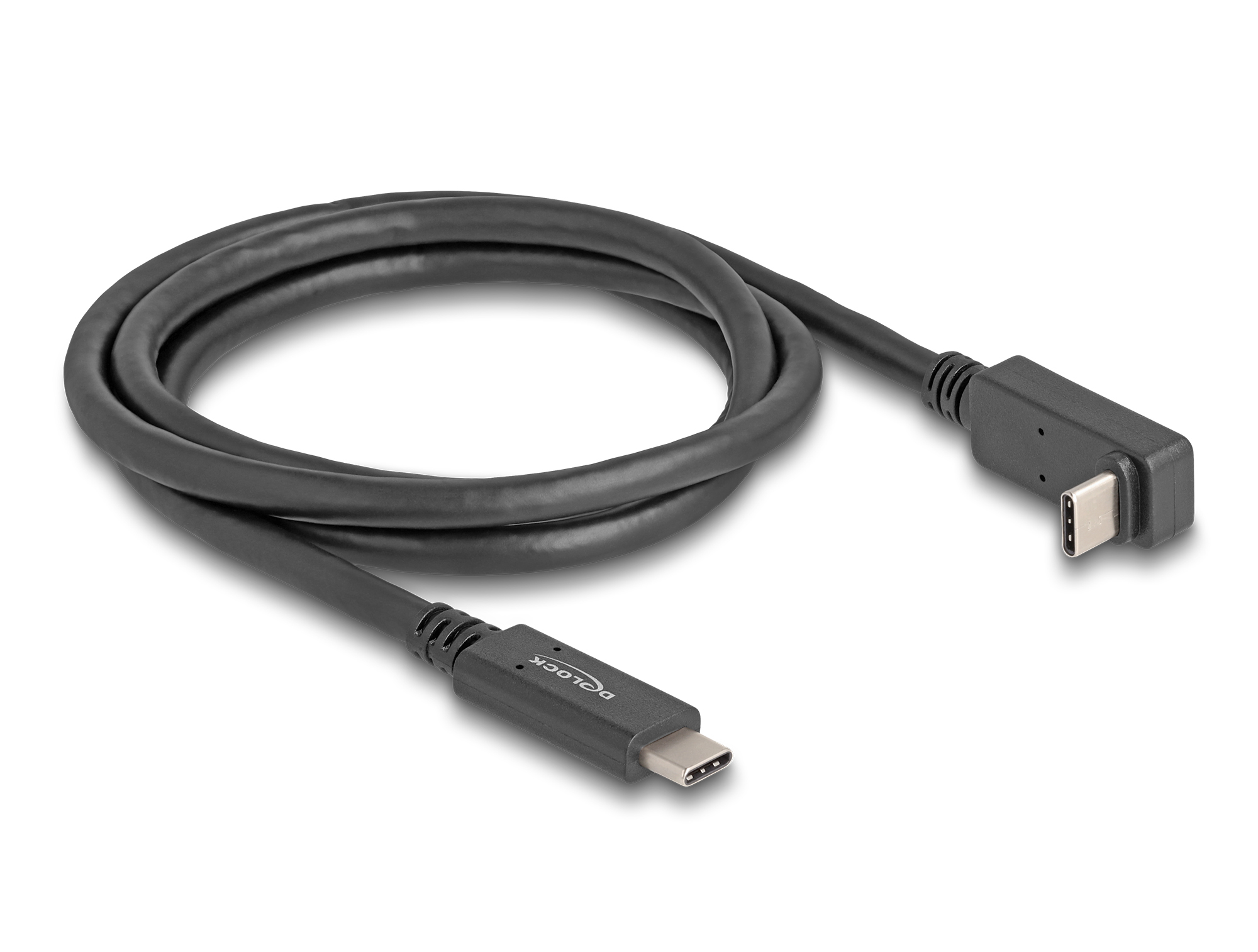 Ein schwarzes USB-C-Kabel, gebogen. Ein Ende ist gerade, das andere abgewinkelt. Beide Enden haben einen USB-C-Anschluss.