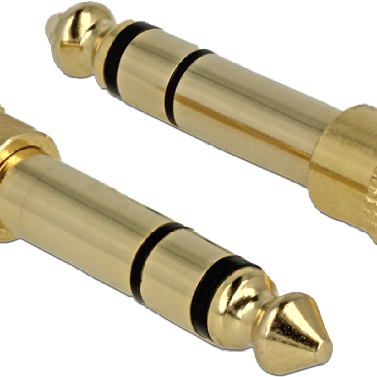 Due connettori jack audio dorati. Ognuno ha un anello nero e una punta conica. Lo sfondo è nero.