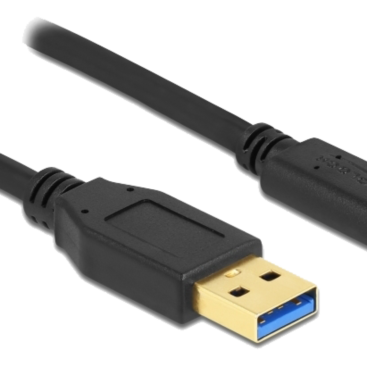 Een zwarte USB 3.0-kabel met een goudkleurige connector en een blauw interieur. De kabel staat op een zwarte achtergrond.