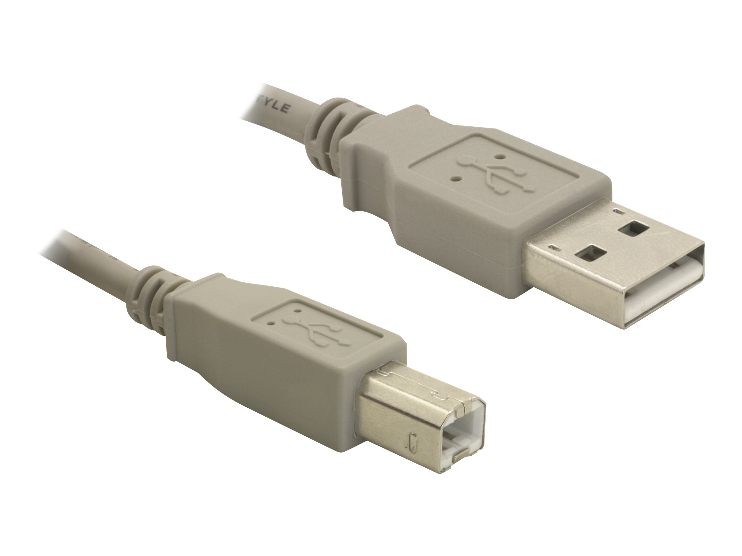 Due cavi USB grigi con connettori sono mostrati. Uno ha un'estremità rettangolare, l'altro quadrata, entrambi su sfondo bianco.