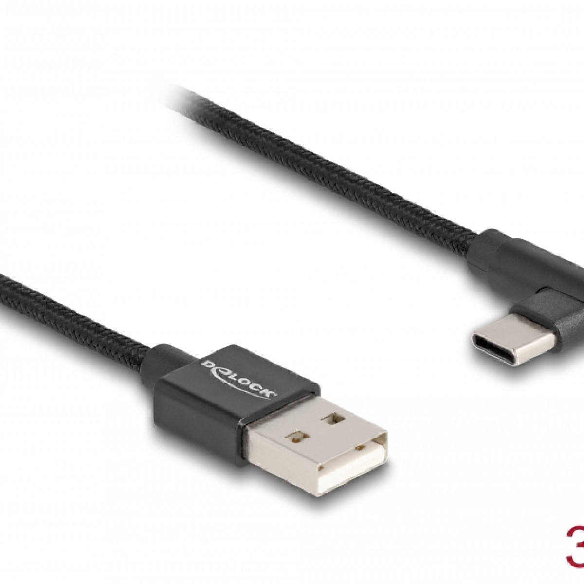 Czarny kabel USB z plecionym przewodem. Jeden koniec to złącze USB-A, drugi to złącze USB-C o kątowej konstrukcji.