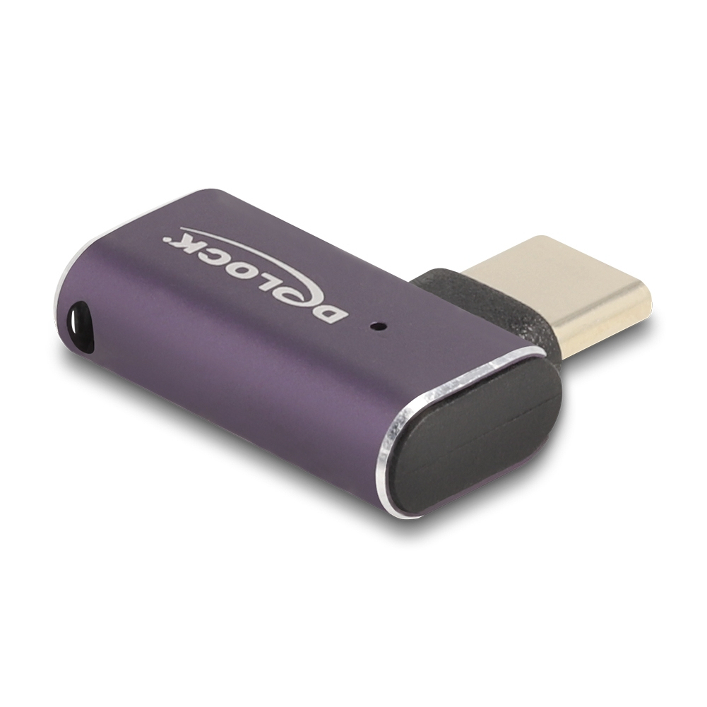Un adattatore USB-C viola e nero. L'adattatore ha il logo D-Lock. La punta è argentata.