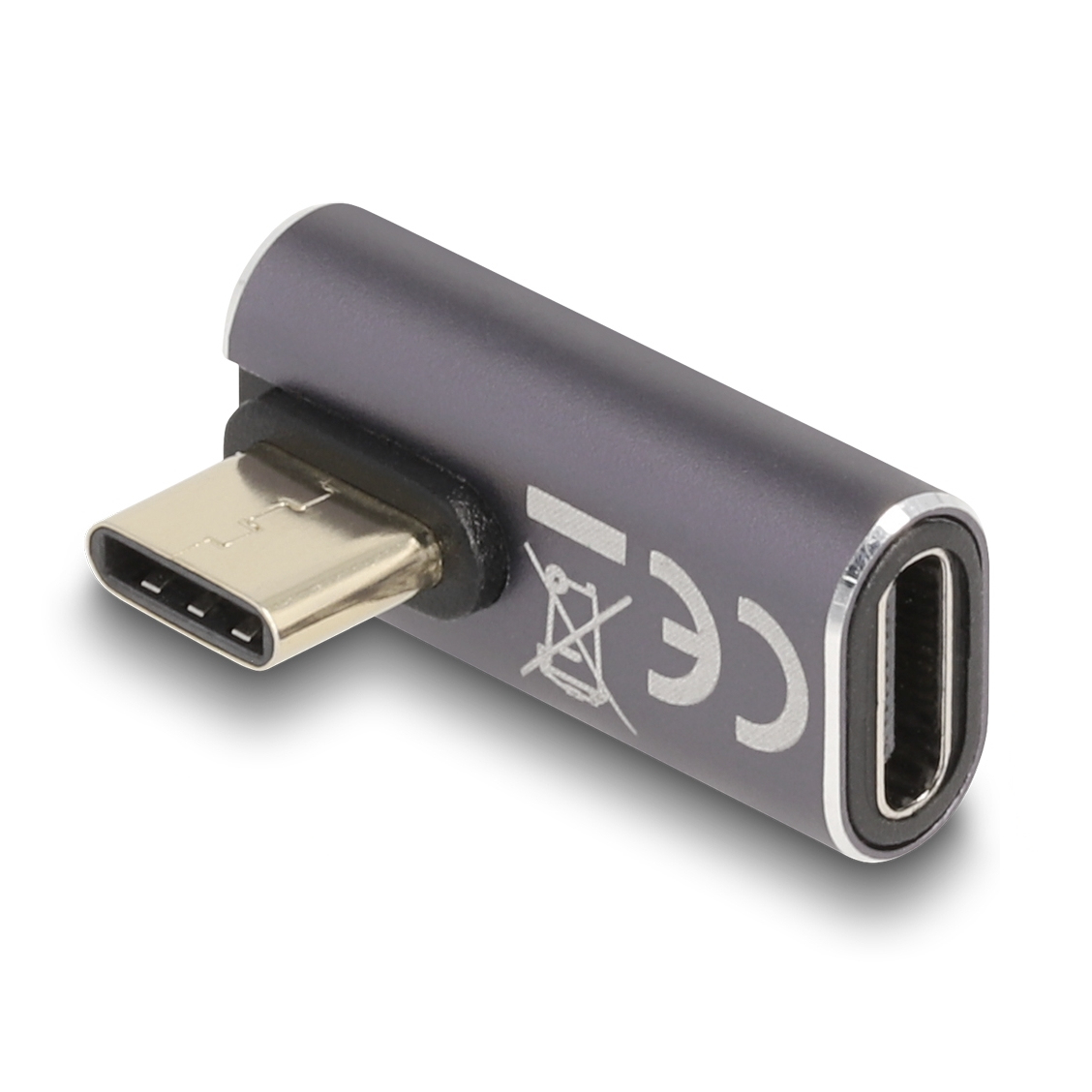 Un adattatore USB-C grigio con bordo argentato. Ha un connettore USB-C maschio da un lato e femmina dall'altro. Sfondo bianco.