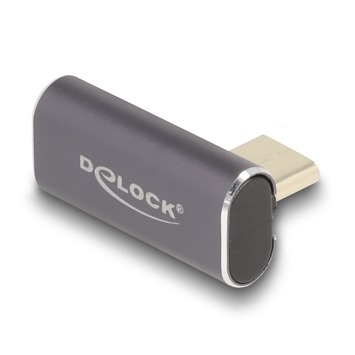 Un adattatore USB-C Delock grigio. Ha un bordo argentato e un'estremità nera. Il connettore USB-C è dorato.