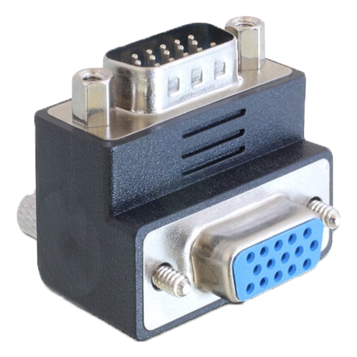 Un adaptador VGA con carcasa de plástico negro y dos conectores plateados. Un conector tiene agujeros azules.
