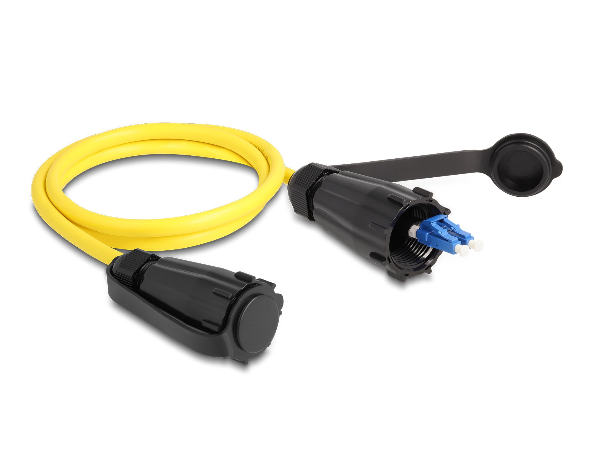 Un cavo giallo con connettori neri. Un connettore è aperto, rivelando componenti blu e bianchi. L'altro è chiuso.