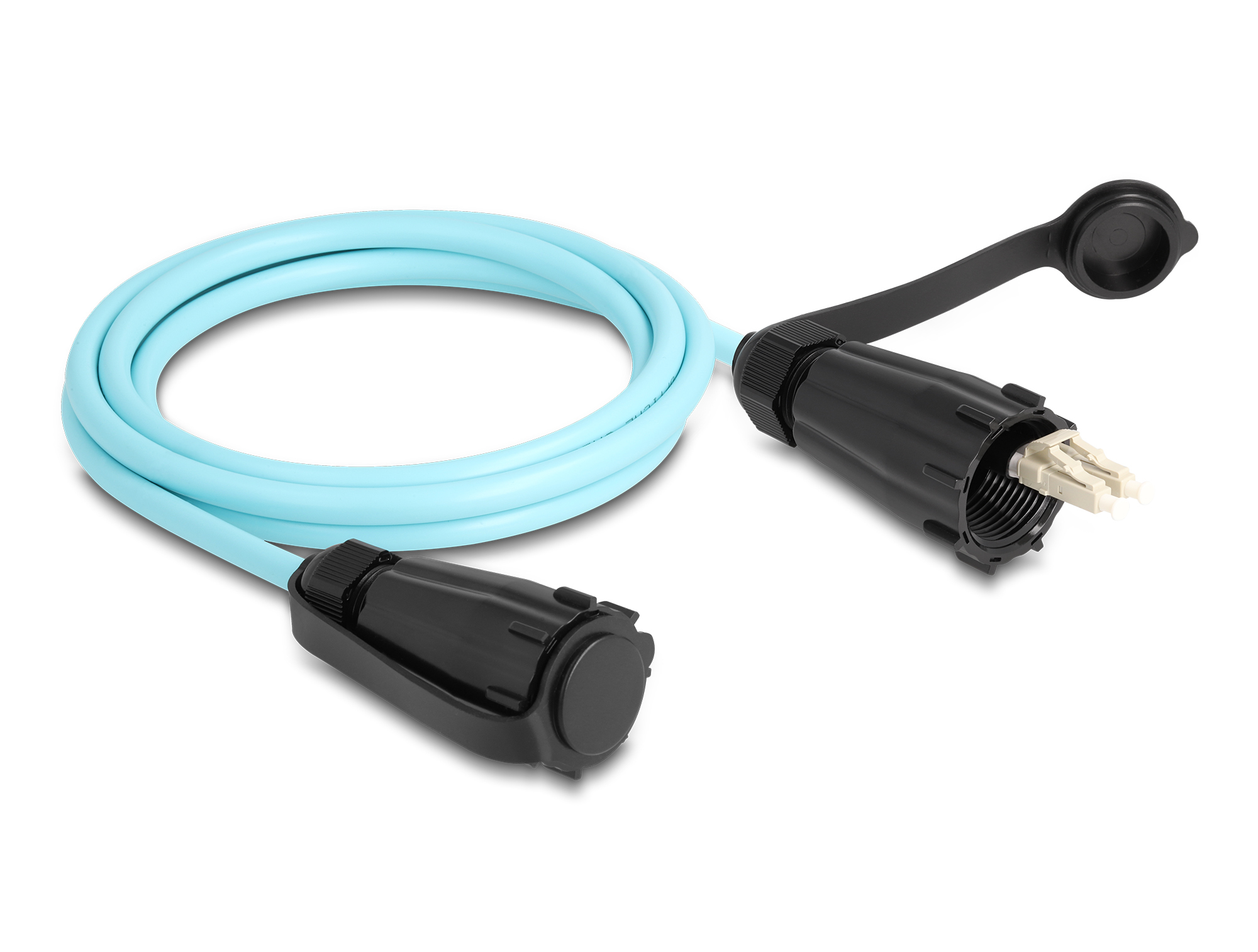 Un cavo blu chiaro con connettori neri ad ogni estremità. Un connettore è aperto, mostrando componenti interni bianchi.