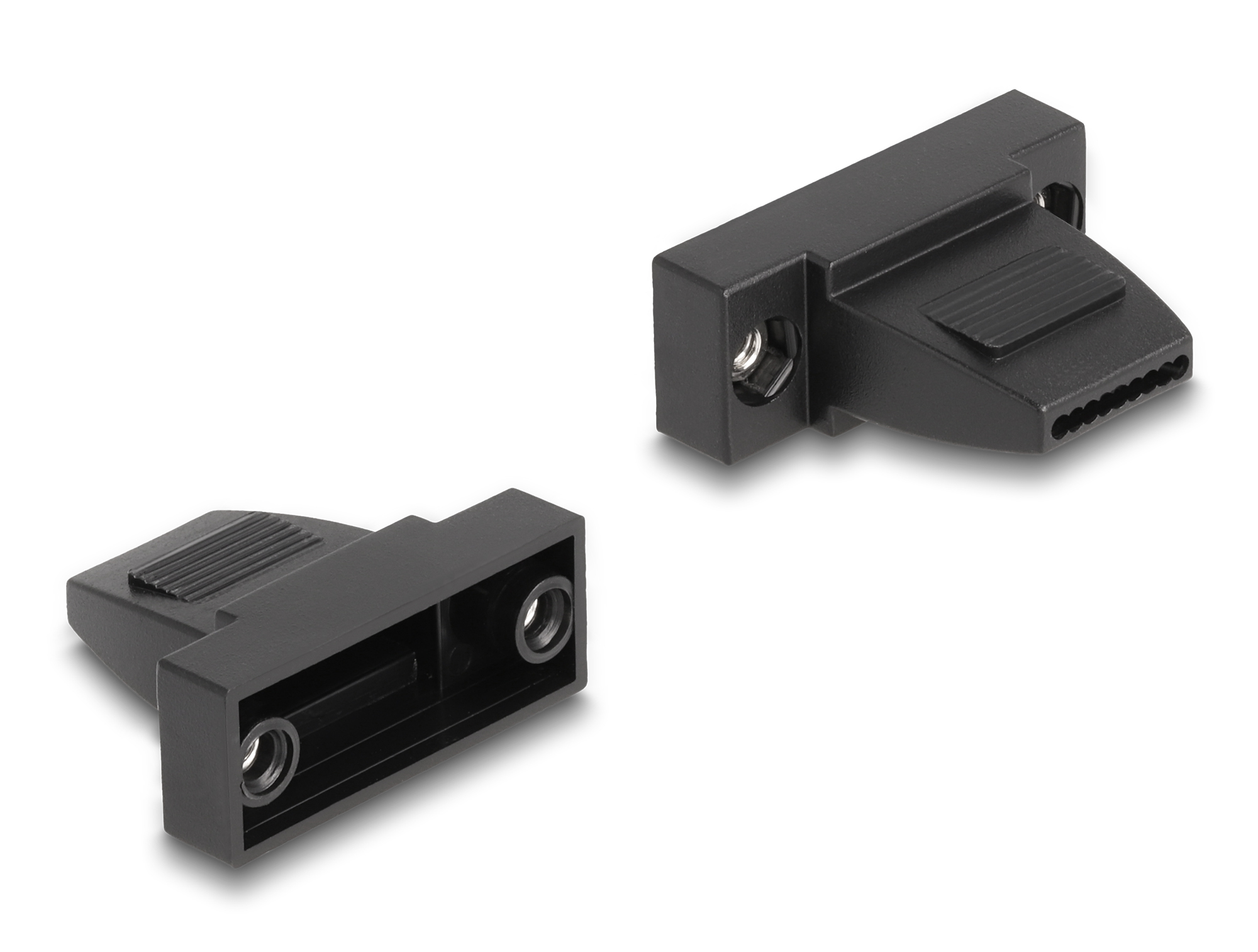 Dwa czarne plastikowe elementy na białym tle. Każdy ma prostokątną podstawę z okrągłymi otworami i teksturowaną górą.