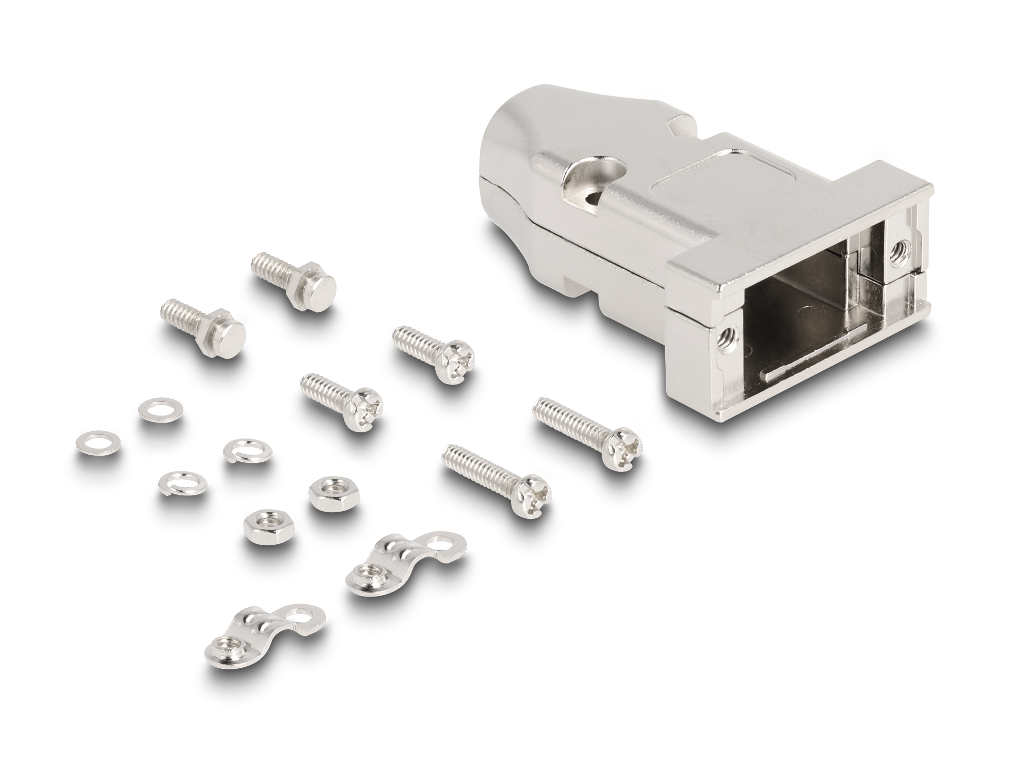 Un conector plateado y varios tornillos, arandelas y tuercas están dispersos sobre una superficie blanca.