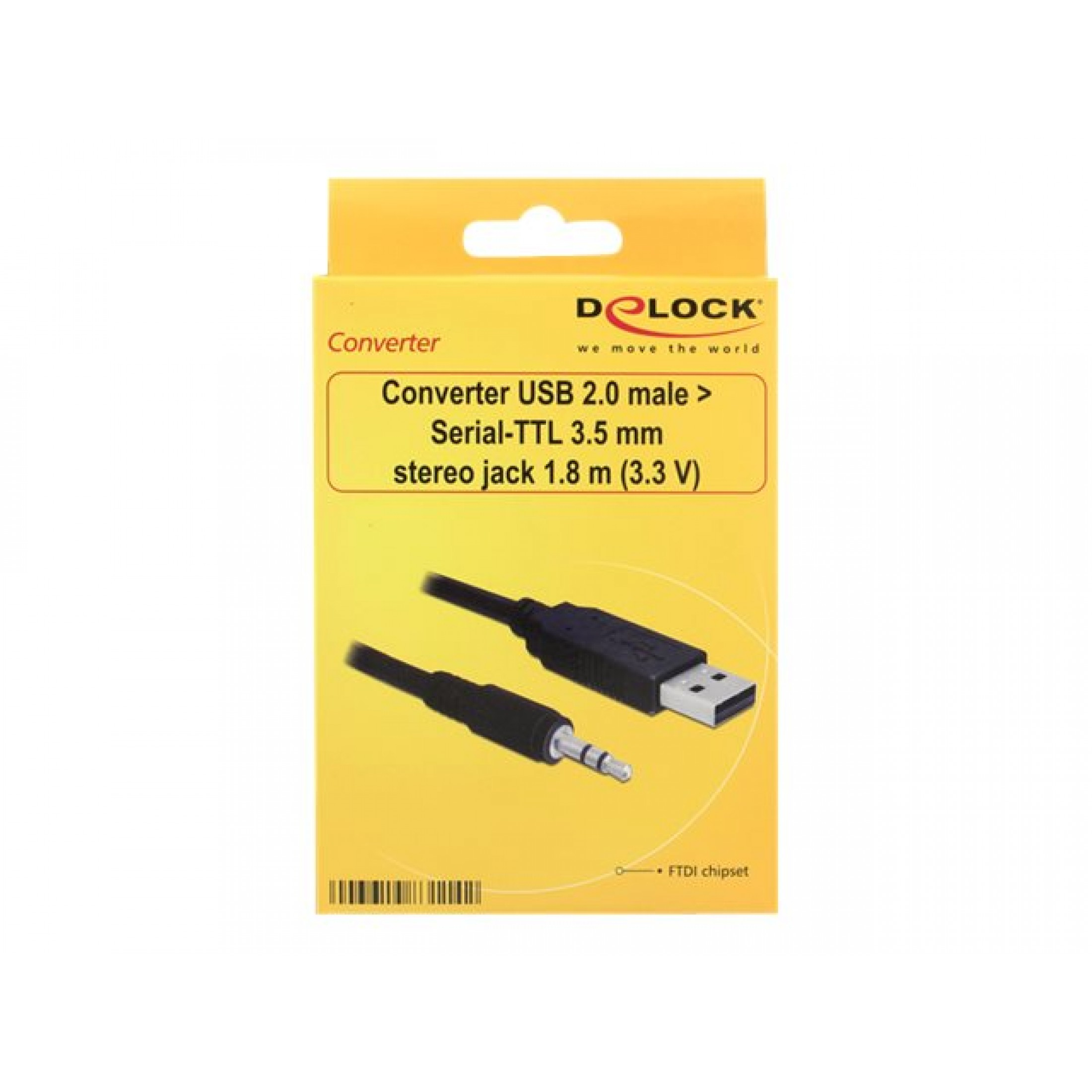 Una scatola gialla e bianca mostra un convertitore da USB a seriale. Ha una spina USB e un jack da 3,5 mm. Il marchio è DeLOCK.