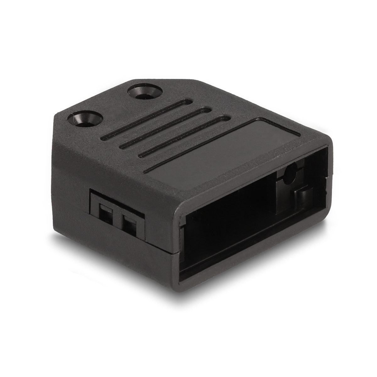 Czarny, prostokątny element z tworzywa sztucznego z otworami, szczelinami i otwartym wnętrzem. Umieszczony na białej powierzchni.