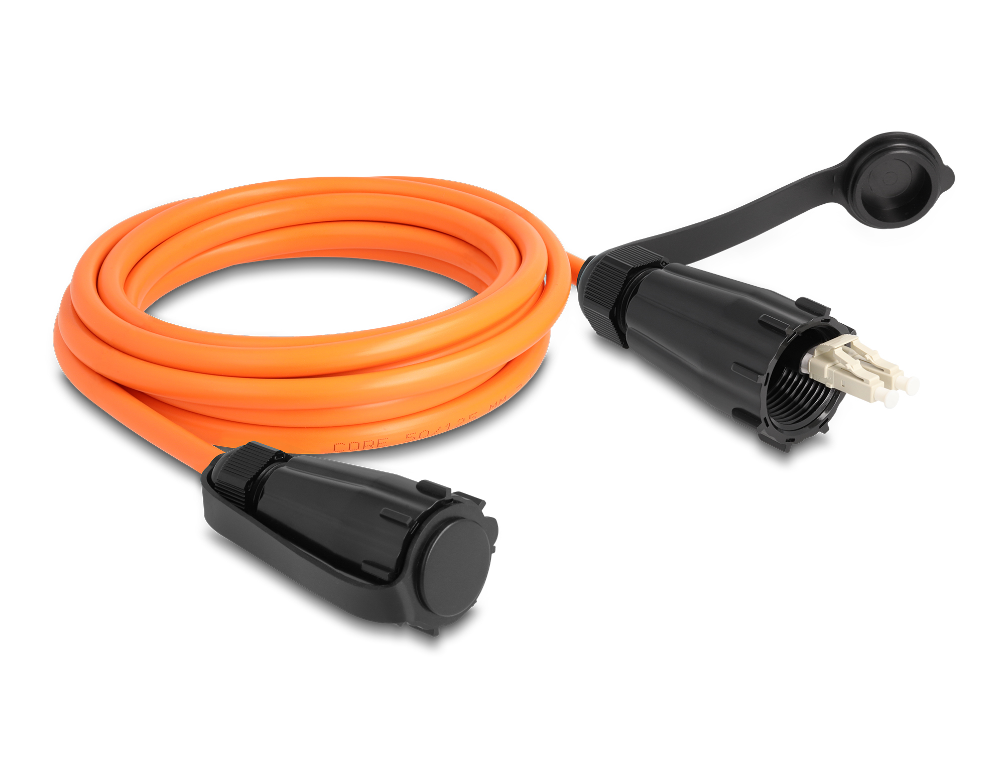 Cable eléctrico naranja con conectores negros, enrollado, sobre fondo blanco. Un conector abierto, mostrando pines internos.