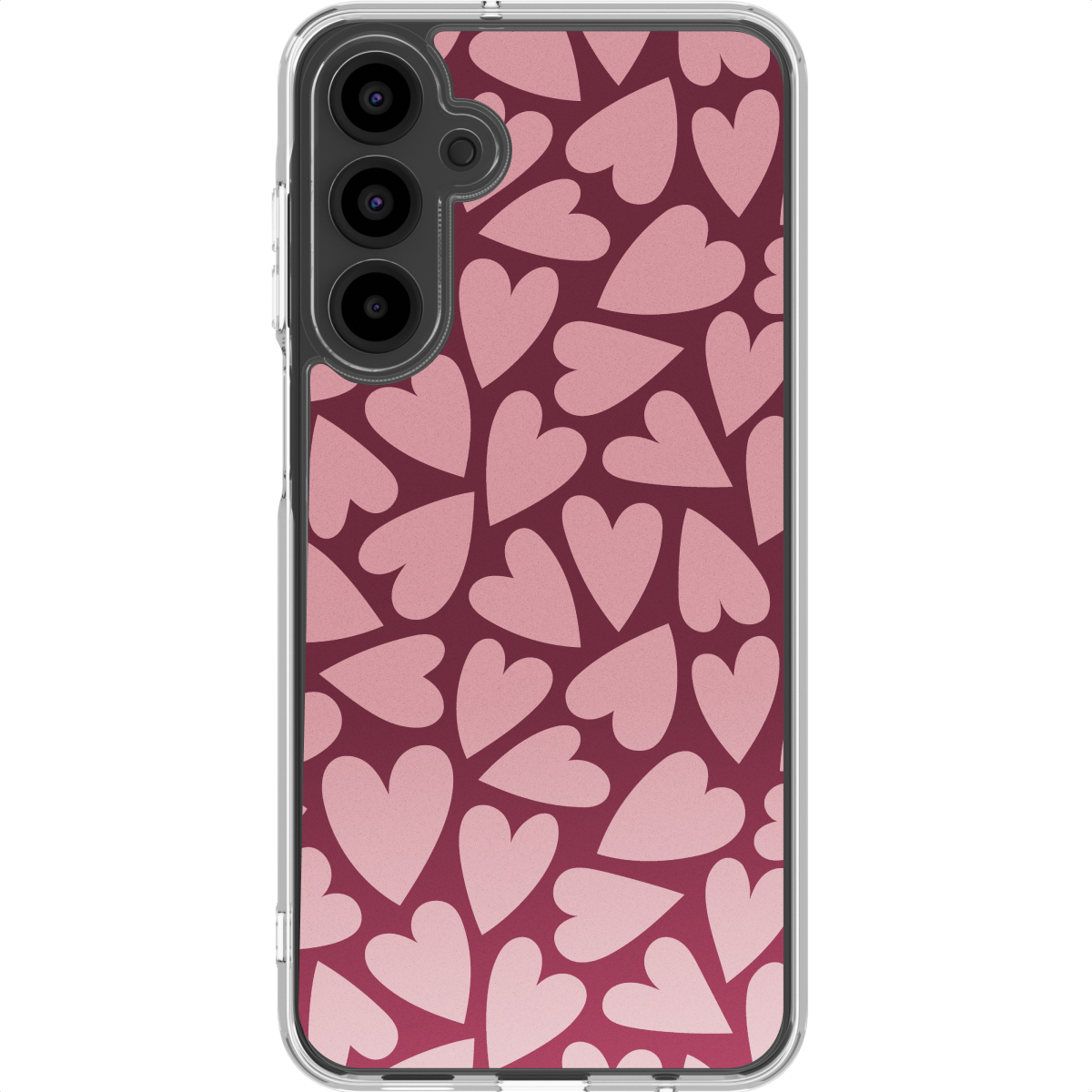 Een telefoonhoesje met een patroon van roze harten op een donkerrode achtergrond. De hoes heeft een transparante rand en cameralenzen.