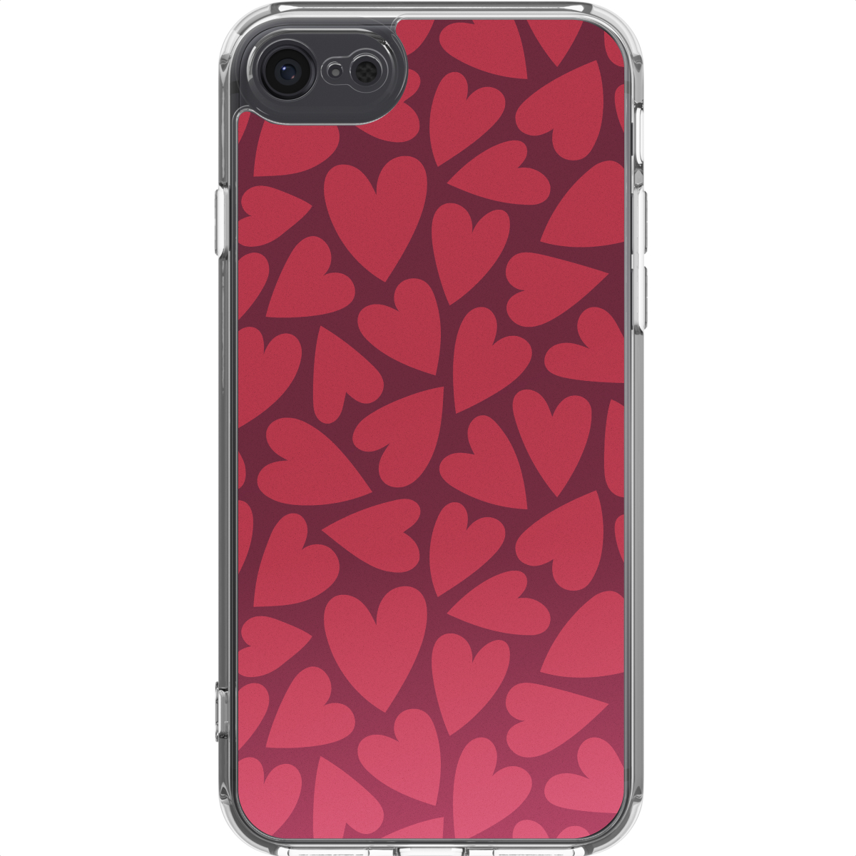Une coque de téléphone avec un cadre transparent et un motif de cœurs rouges sur fond rouge foncé.
