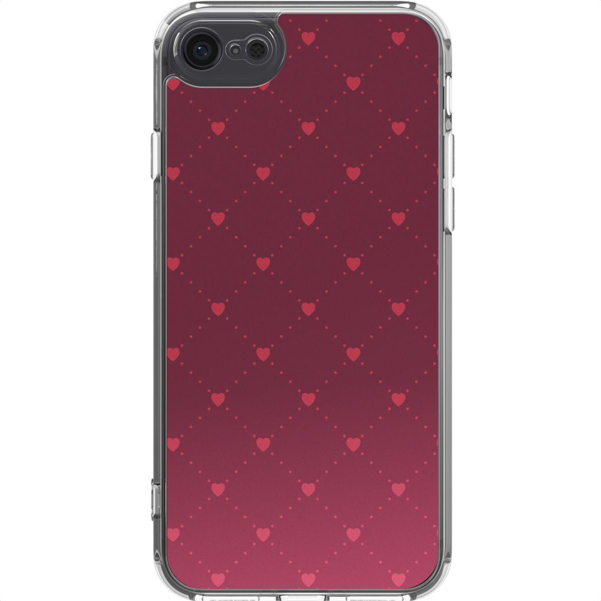 Une coque de téléphone transparente avec un fond bordeaux. De petits cœurs et points rouges sont disposés en quadrillage.