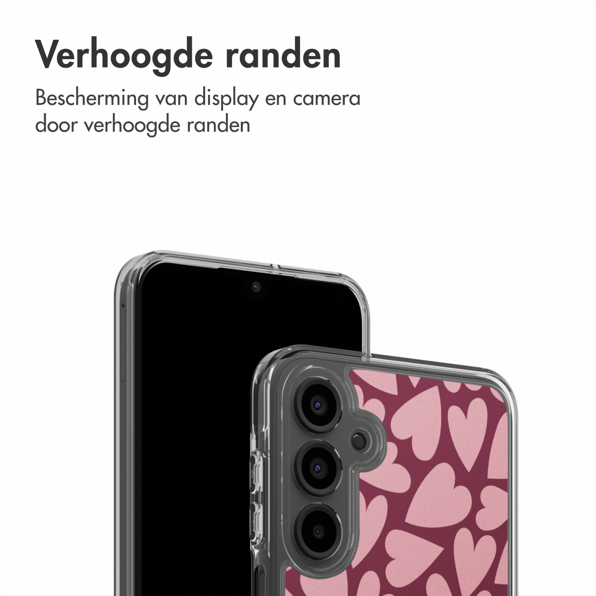 Een smartphone met een transparante hoes met hartjespatroon. De telefoon is zwart met een beschermhoes met een hartjesontwerp.