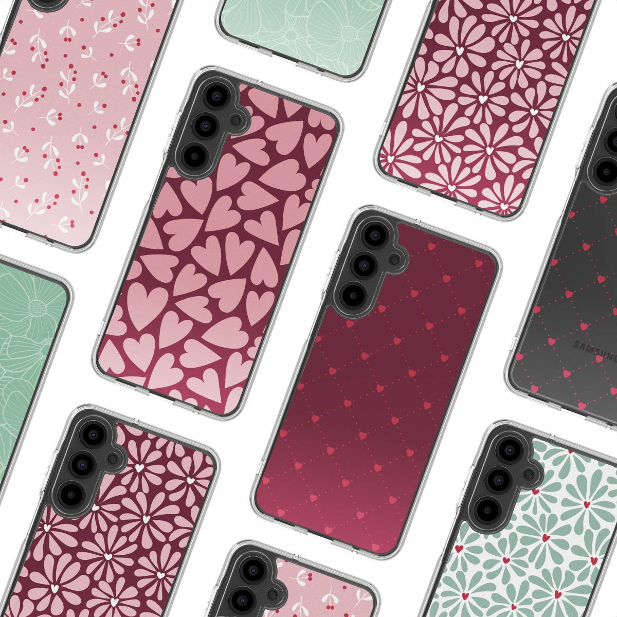 Verschillende smartphones met verschillende hoesjes worden getoond. De hoesjes hebben verschillende patronen, waaronder harten en bloemmotieven, op een witte achtergrond.