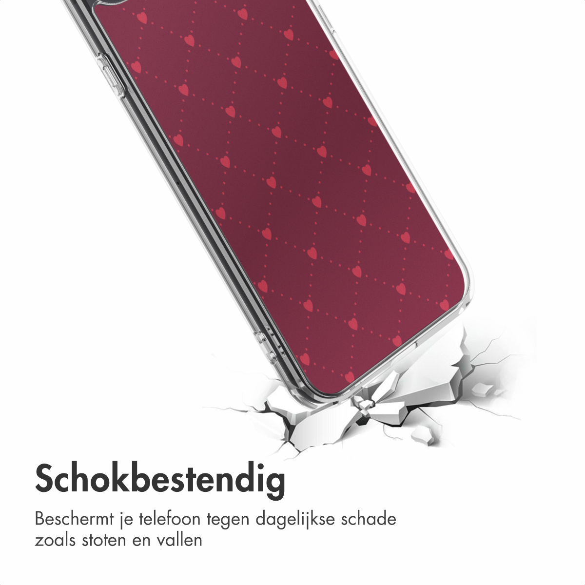 Une coque de téléphone avec un motif de cœurs rouges. Elle tombe et brise le sol. Le texte "Résistant aux chocs" est en dessous.