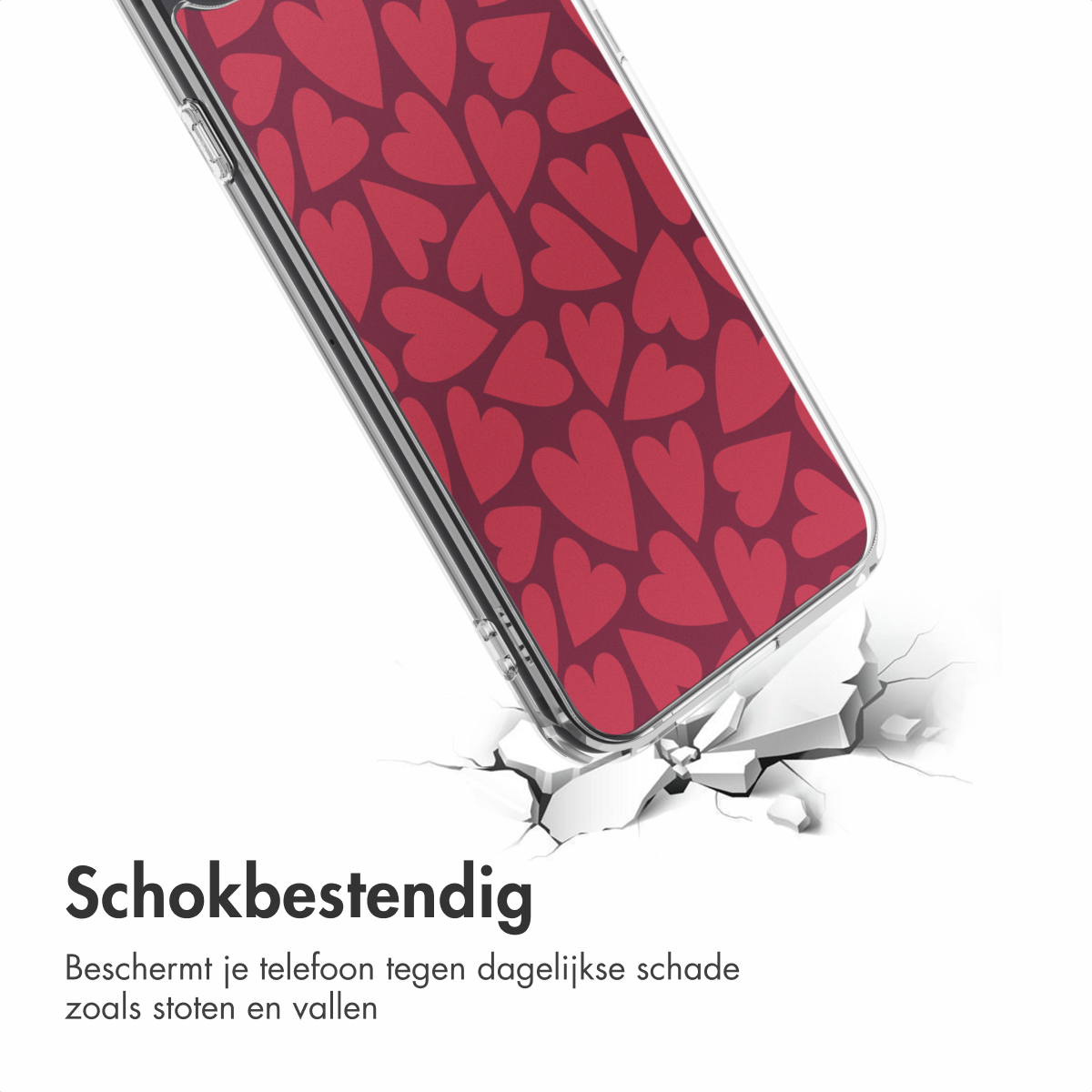 Une coque de téléphone avec un motif de cœurs rouges brise le sol. La coque est transparente et le sol blanc avec des fissures.