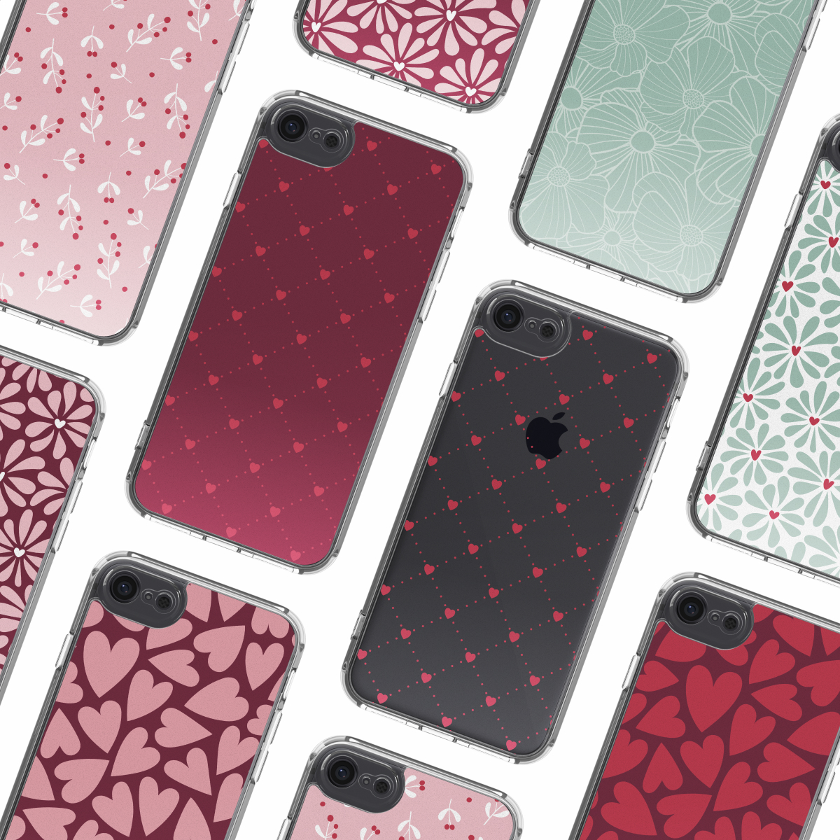Plusieurs téléphones dans des étuis transparents avec divers motifs : cœurs, fleurs et feuilles en rose, rouge et blanc sur fond blanc.