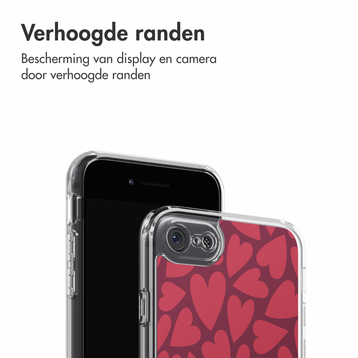 Deux smartphones, un dans un étui transparent et un avec un motif de cœurs rouges. L'étui protège le téléphone.