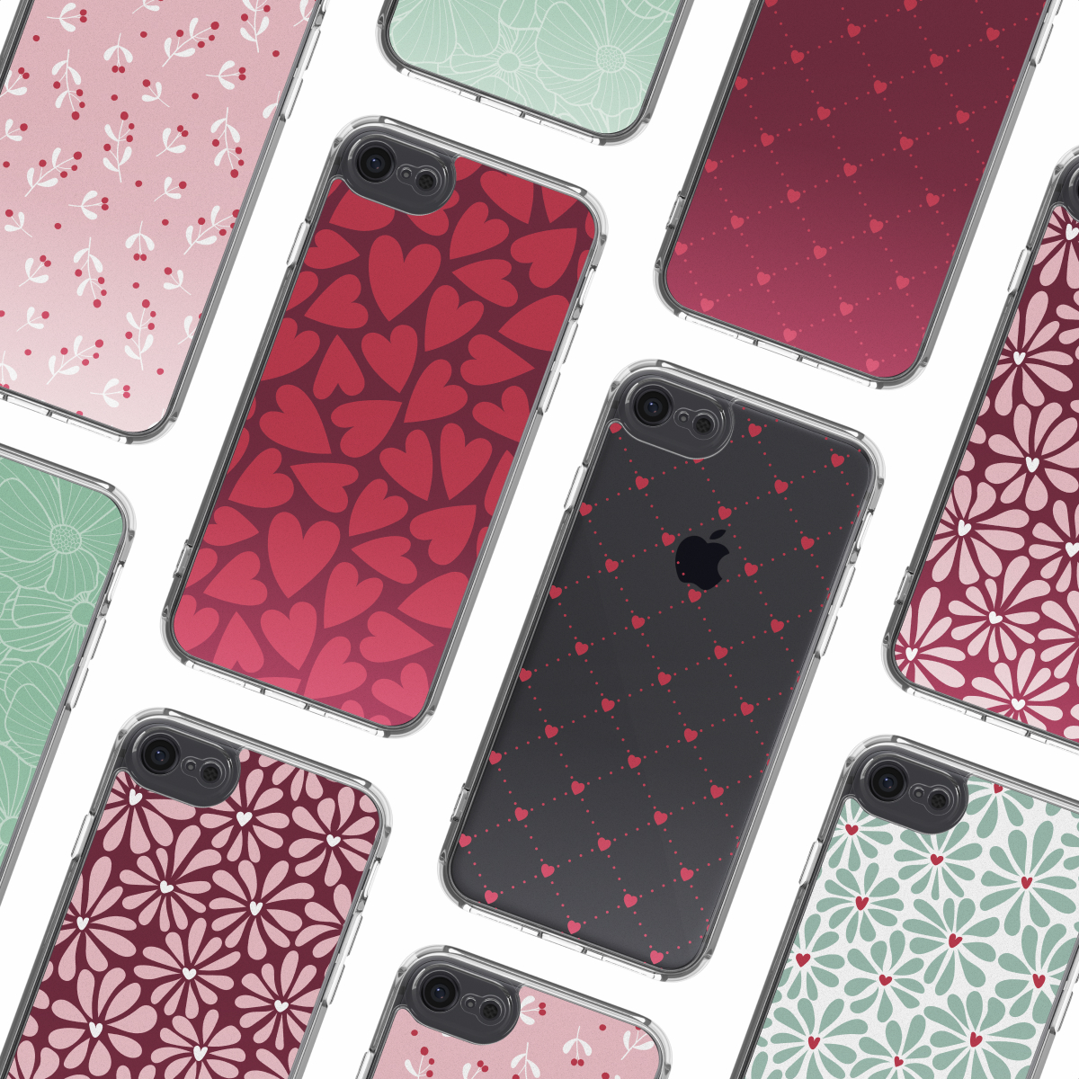 Collection d'étuis pour iPhone avec divers motifs : cœurs, fleurs et motifs en rose, rouge et vert. Le tout sur fond blanc.