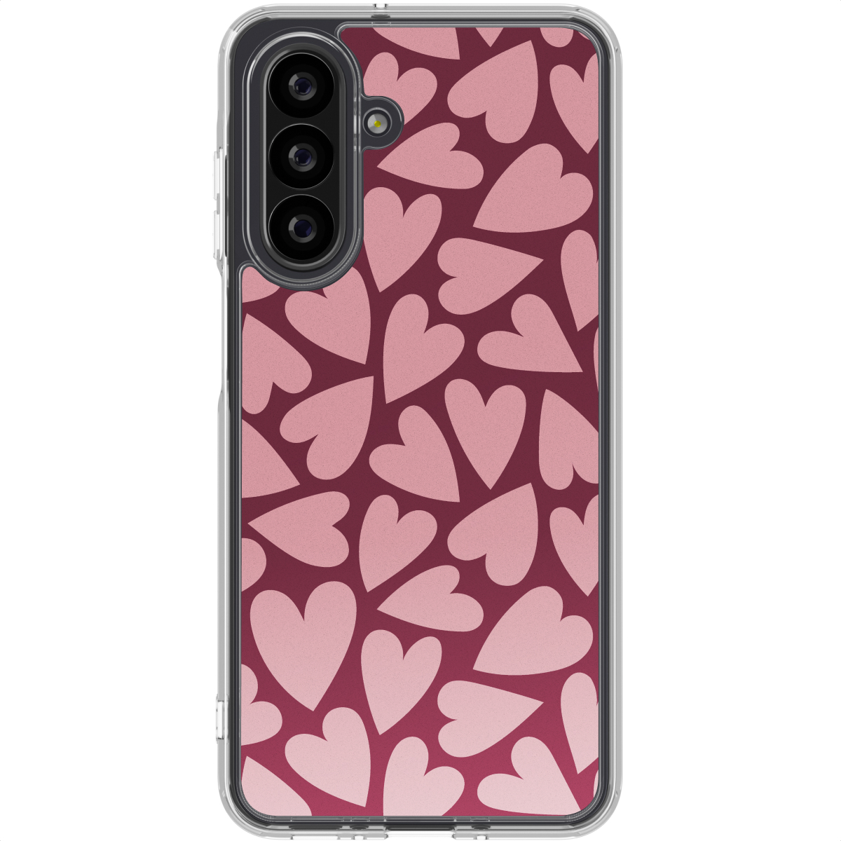 Een telefoonhoesje met een patroon van lichtroze harten op een donkerrode achtergrond. De telefoon heeft een doorzichtig frame en een camera.