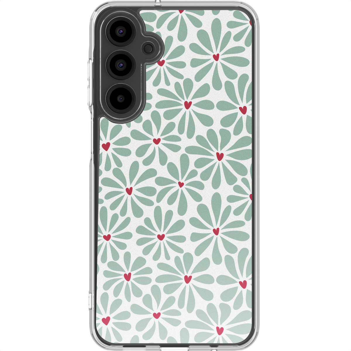 Une coque de téléphone avec un motif floral de fleurs en forme de marguerite vert clair avec des cœurs rouges sur fond blanc.