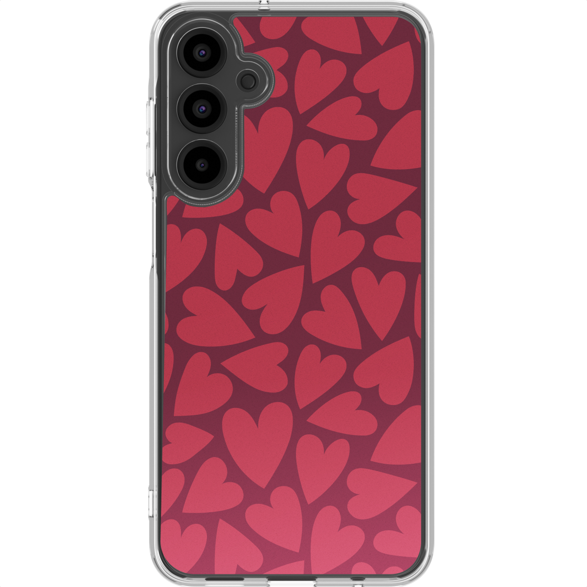 Een telefoon met een transparante hoes met een patroon van rode harten op een donkerrode achtergrond. De telefoon heeft drie cameralenzen.