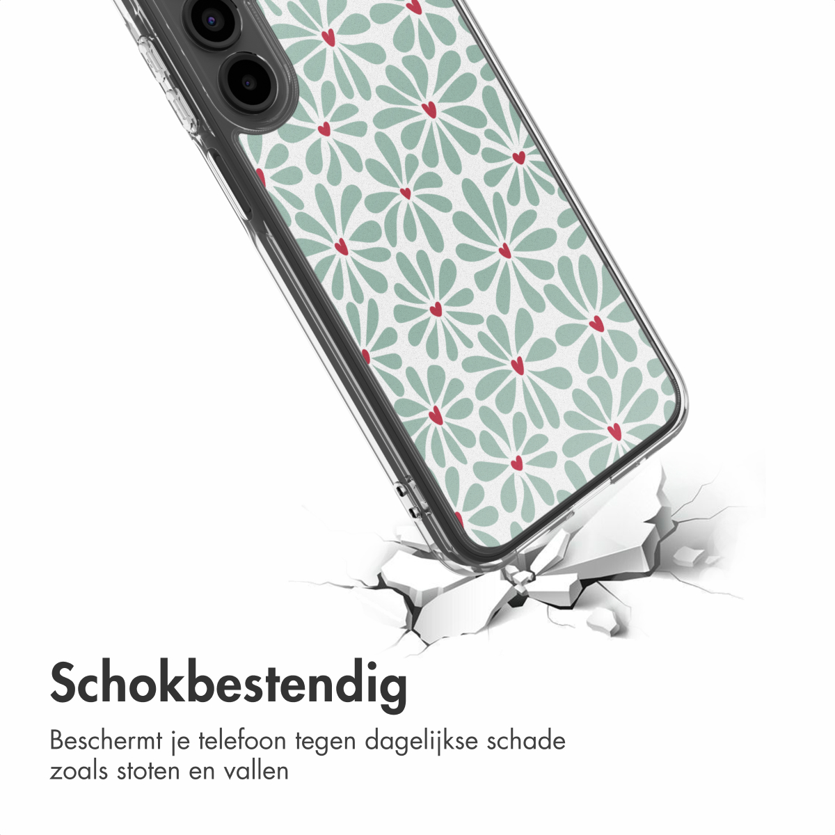 Une coque de téléphone avec un motif floral brise du béton. La coque a des fleurs vertes avec des cœurs rouges sur fond blanc.