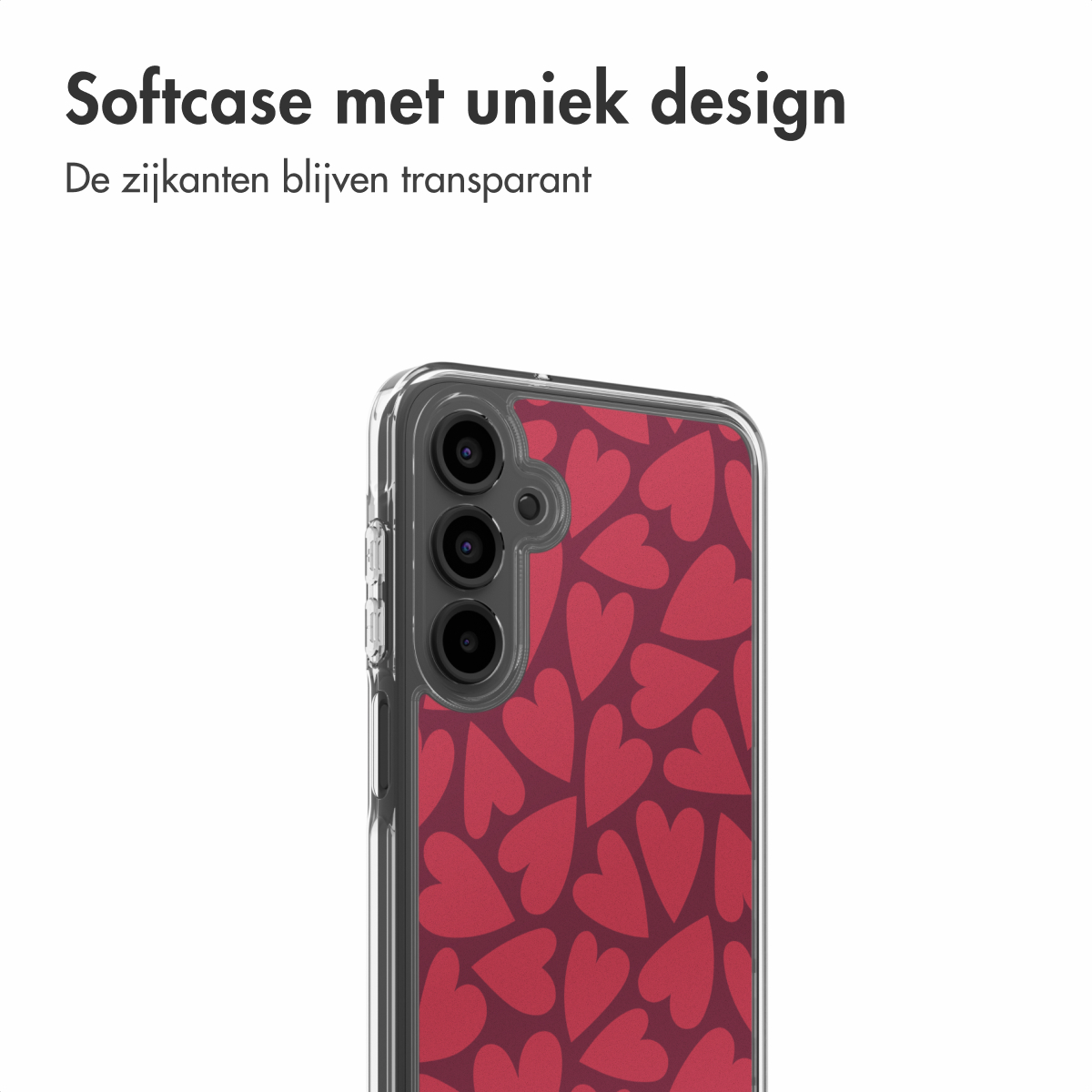 Een telefoonhoesje met een rood hartpatroon op een donkere achtergrond. De hoes is transparant.