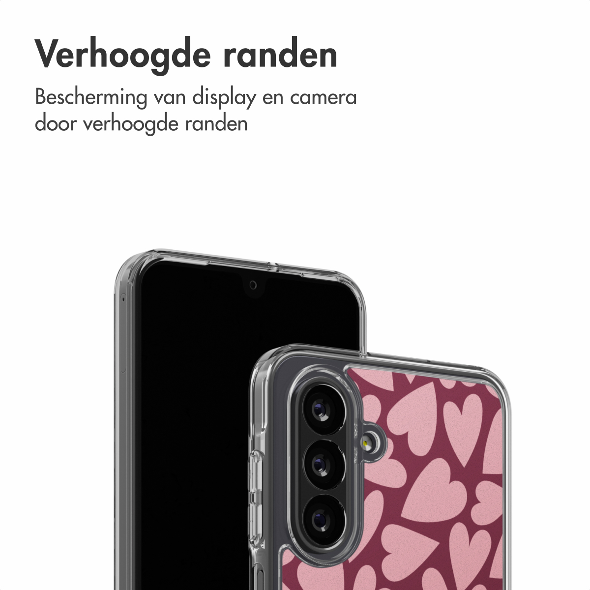 Een smartphone met een roze hoesje met hartjespatroon, met weergave van het scherm en cameramodule, tegen een witte achtergrond.
