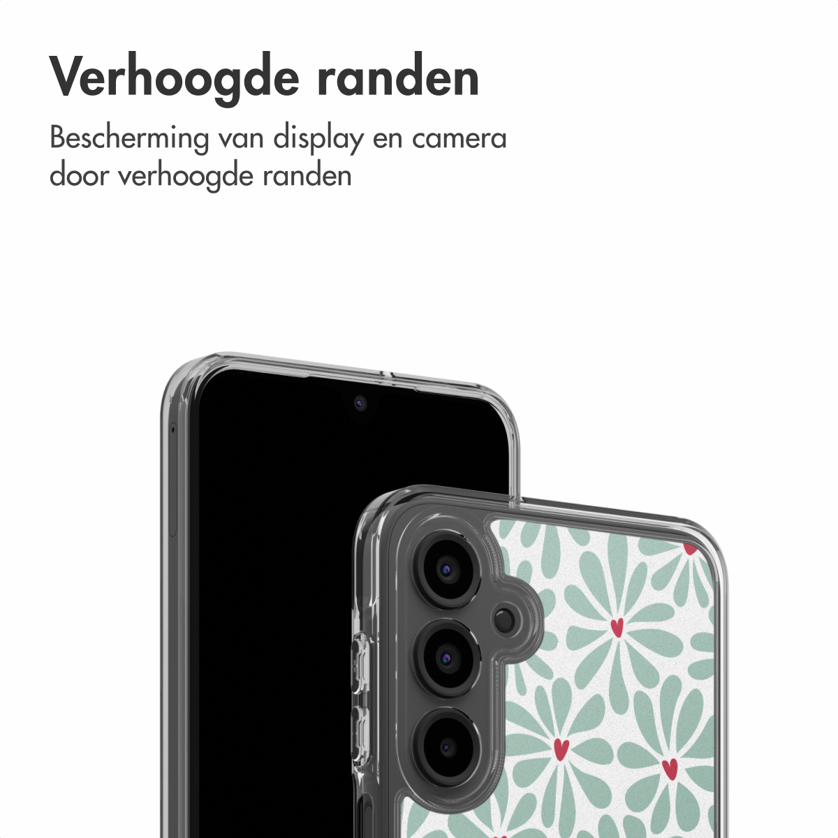 Un téléphone dans une coque transparente à motif floral, devant un téléphone à écran noir. Le texte ci-dessus indique : Verhoogde randen.