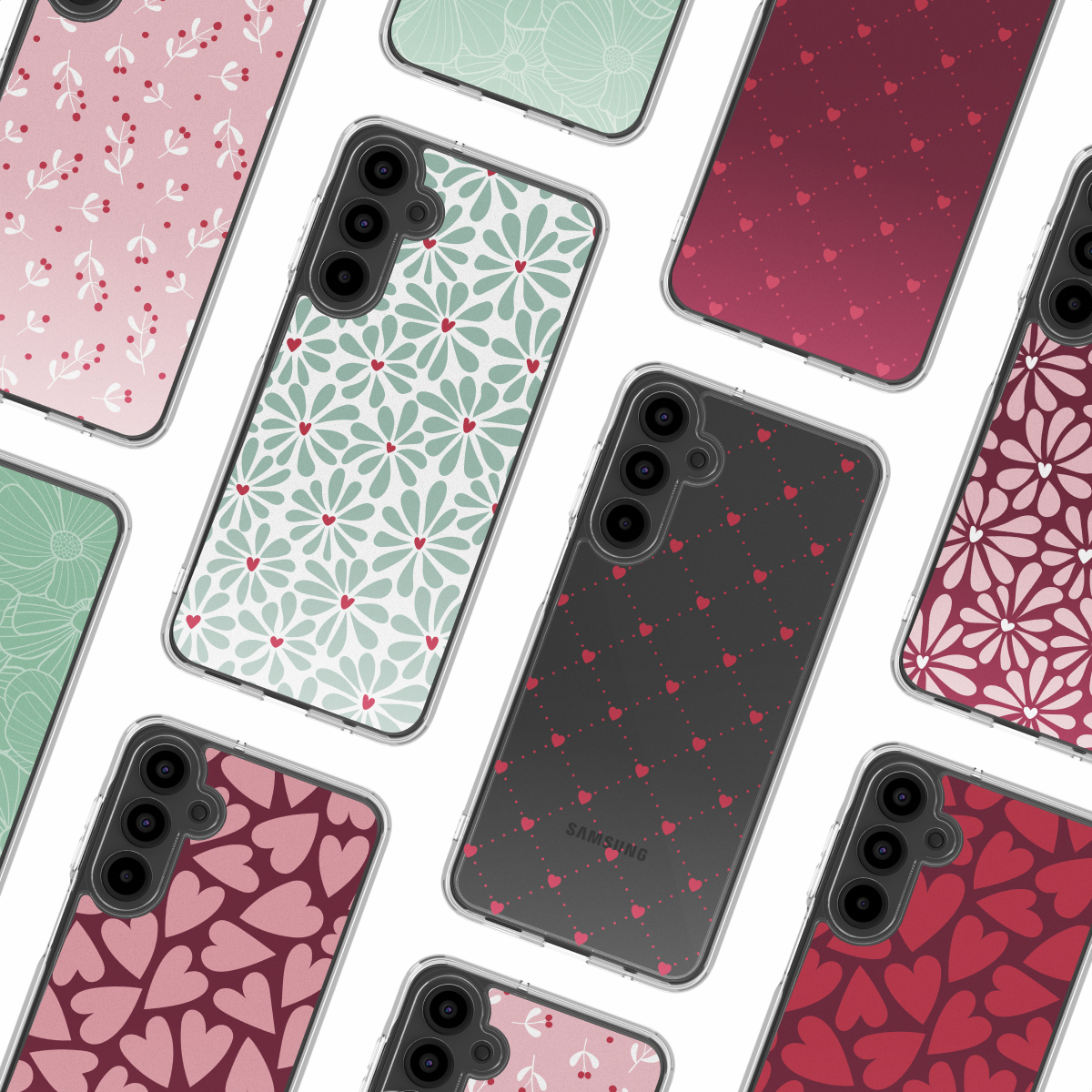 Collection d'étuis pour téléphones Samsung avec divers motifs floraux et en forme de cœur, dans des tons de rose, rouge et vert sur fond blanc.