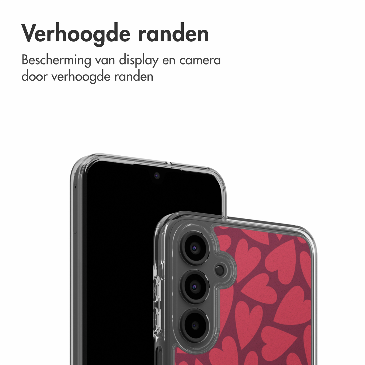 Twee smartphones met beschermhoesjes. Eén heeft een zwart scherm, de ander een rood hartpatroon. Transparante hoes met verhoogde randen.