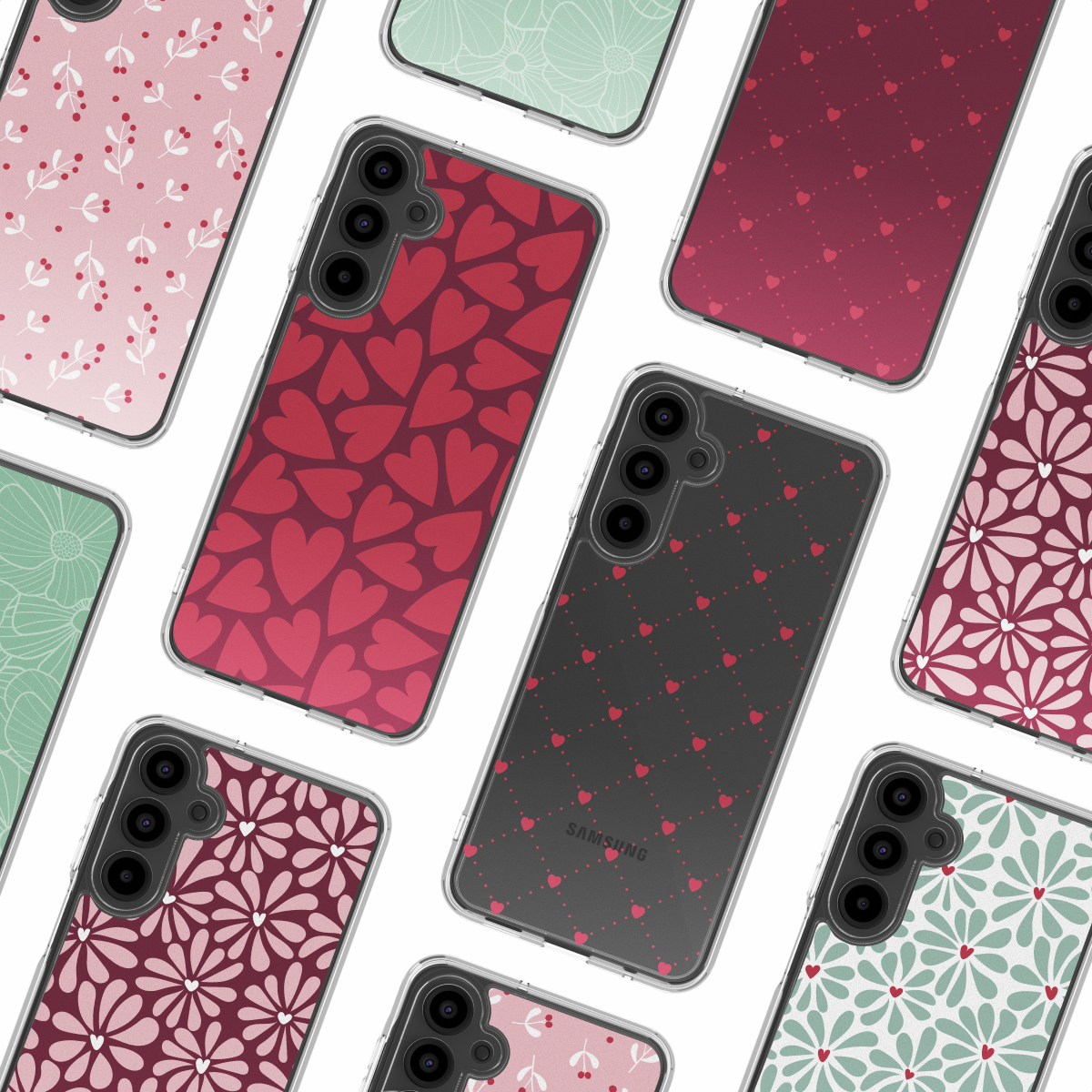 Verschillende Samsung telefoonhoesjes met diverse patronen: harten, bloemen en bladeren. De hoesjes zijn in tinten rood, roze en groen.