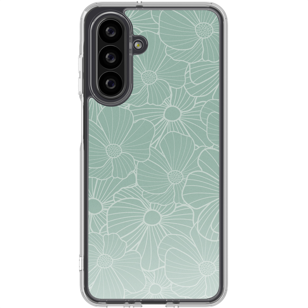 Een telefoonhoesje met bloemenpatroon. De hoes is mintgroen met witte bloemcontouren. De camera van de telefoon is zichtbaar.