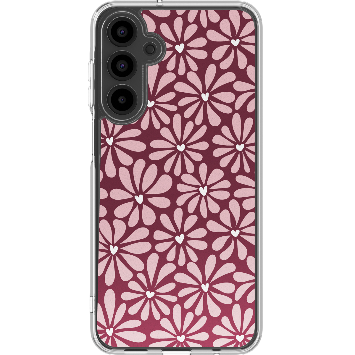 Telefoonhoesje met roze madeliefpatroon, witte hartjes, op een bordeauxrode achtergrond. De hoes heeft drie cameralenzen.
