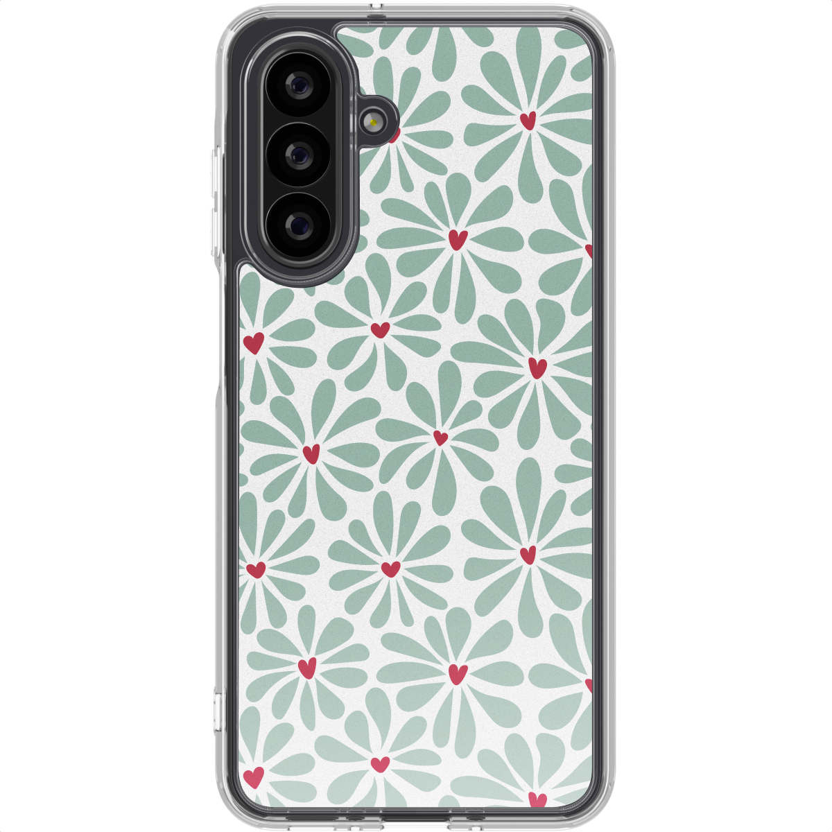 Telefoonhoesje met bloemenpatroon. Lichtgroene bloemvormen met rode hartcentra op een witte achtergrond.