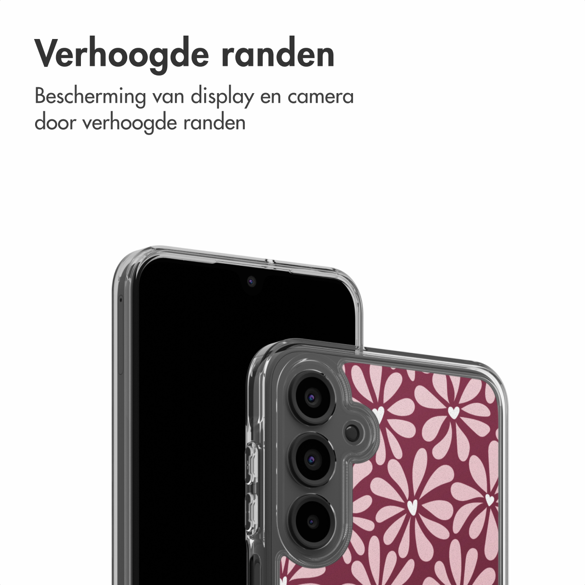 Een telefoon in een doorzichtige hoes wordt getoond. De hoes heeft een bloemenpatroon van roze bloemen en een wit hart in het midden. Het scherm van de telefoon is zwart.