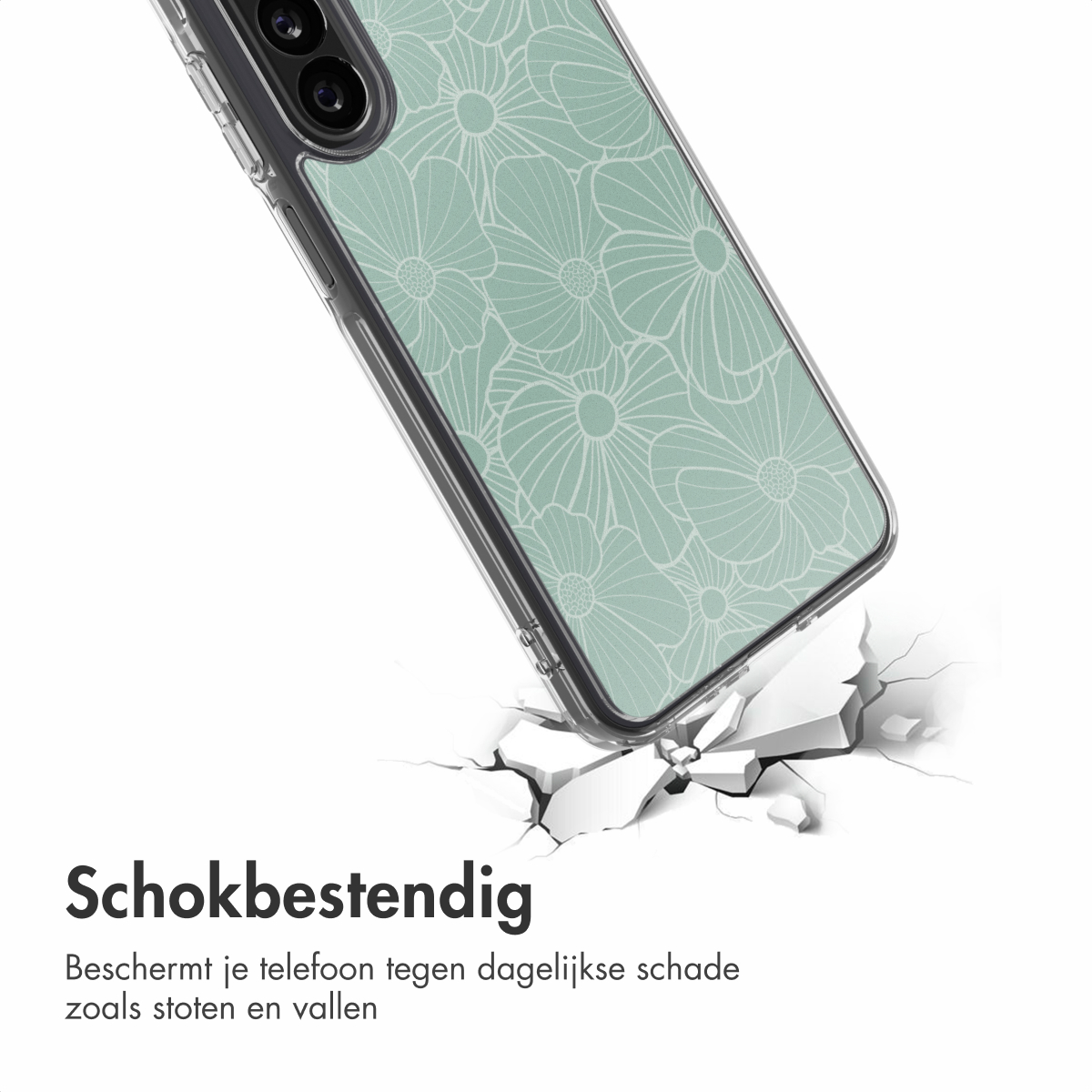 Een telefoonhoesje met een bloemmotief breekt een oppervlak. De hoes zit op een witte achtergrond. Tekst onderaan: 'schokbestendig'.
