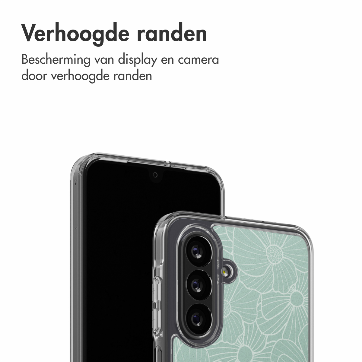 Een smartphone met een bloemenpatroonhoesje. De hoes heeft verhoogde randen voor scherm- en camerabescherming. De telefoon staat tegen een witte achtergrond.
