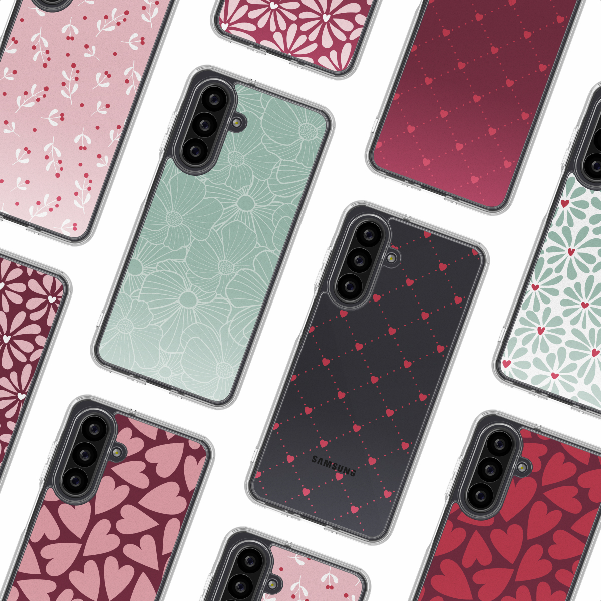 Afbeelding toont meerdere telefoonhoesjes met verschillende patronen, waaronder bloemen, harten en bladeren. De hoesjes zijn in verschillende kleuren op een witte achtergrond.