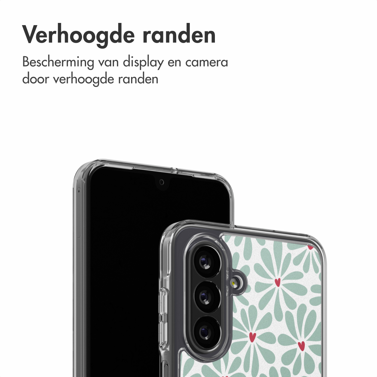 Een telefoon met een bloemenhoes wordt getoond. De hoes heeft een patroon van groene bladeren en rode harten. Het scherm van de telefoon is zwart.