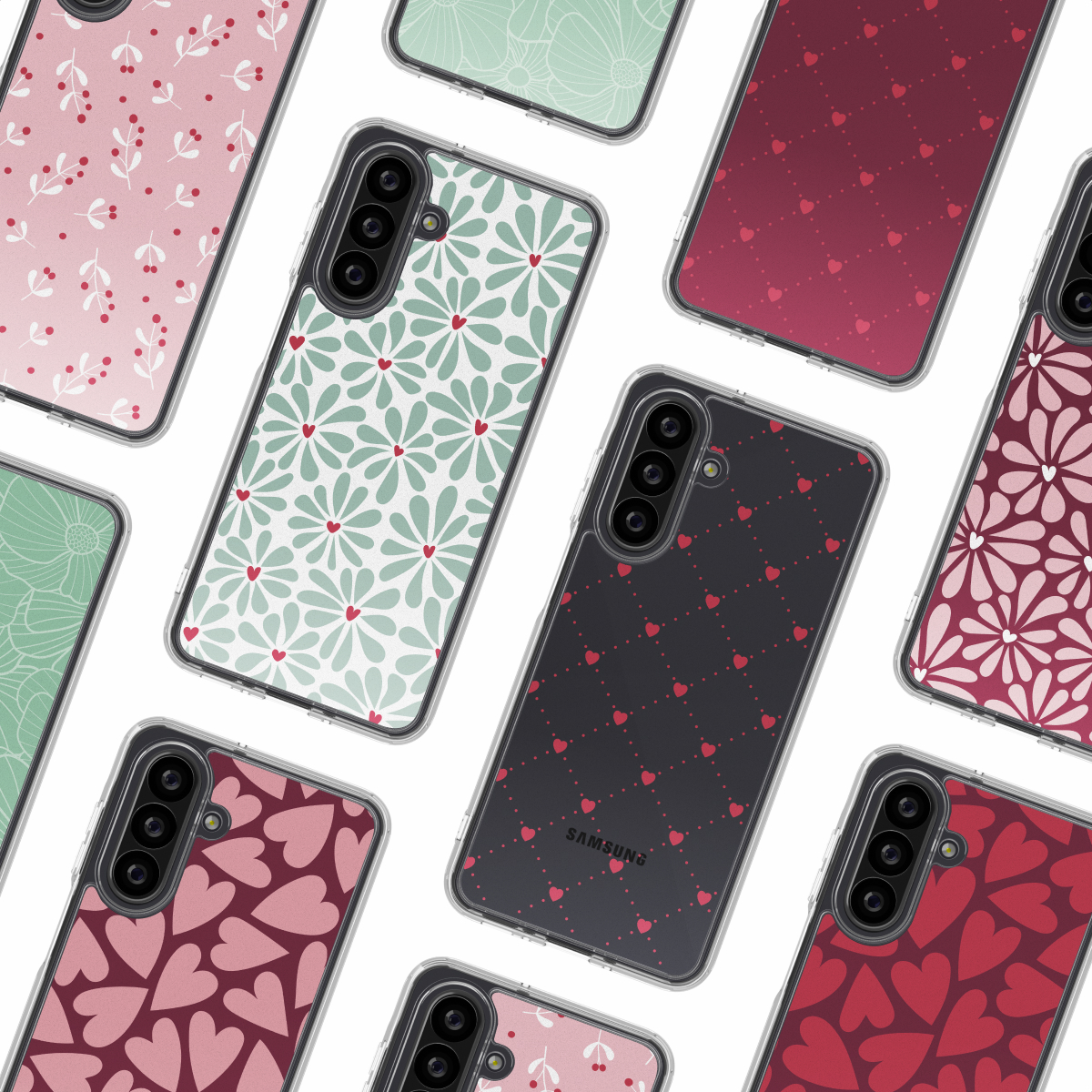 Collectie Samsung telefoonhoesjes. Verschillende ontwerpen: bloemen, harten en takken. Kleuren: roze, rood en groen op witte achtergrond.